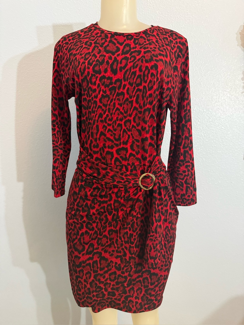 Michael Kors Red Leopard Print Long-Sleeve Belted Sheath Dress. New with tags.